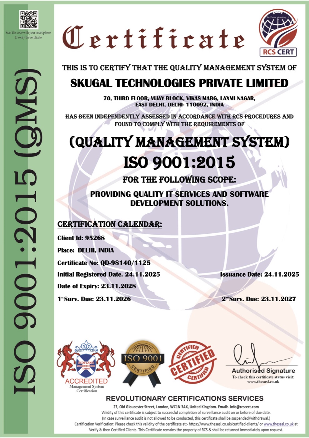 ISO 9001:2015 certificate for Skugal Technologies Private Limited