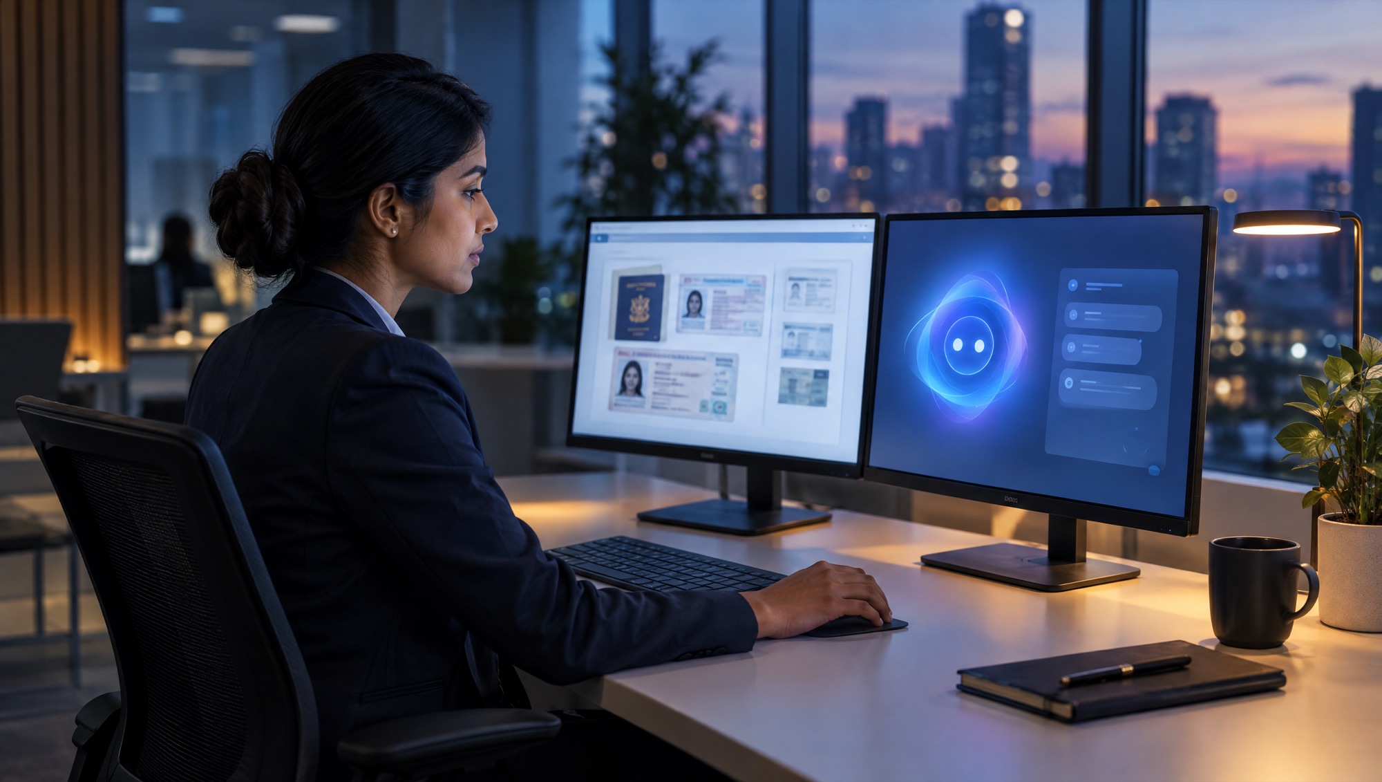Bank onboarding analyst reviewing identity documents alongside an AI assistant