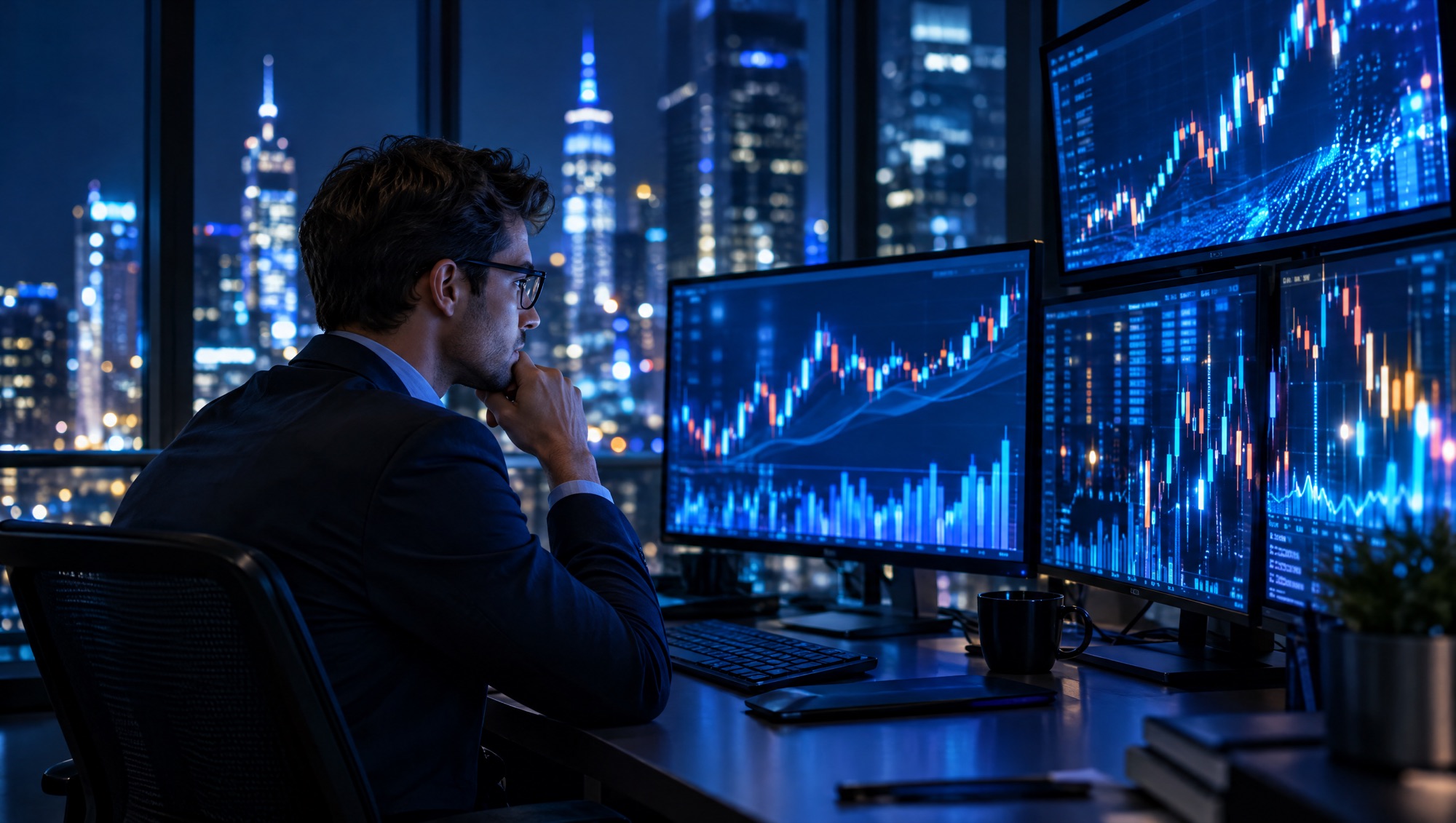 Research analyst at a multi-monitor desk at night