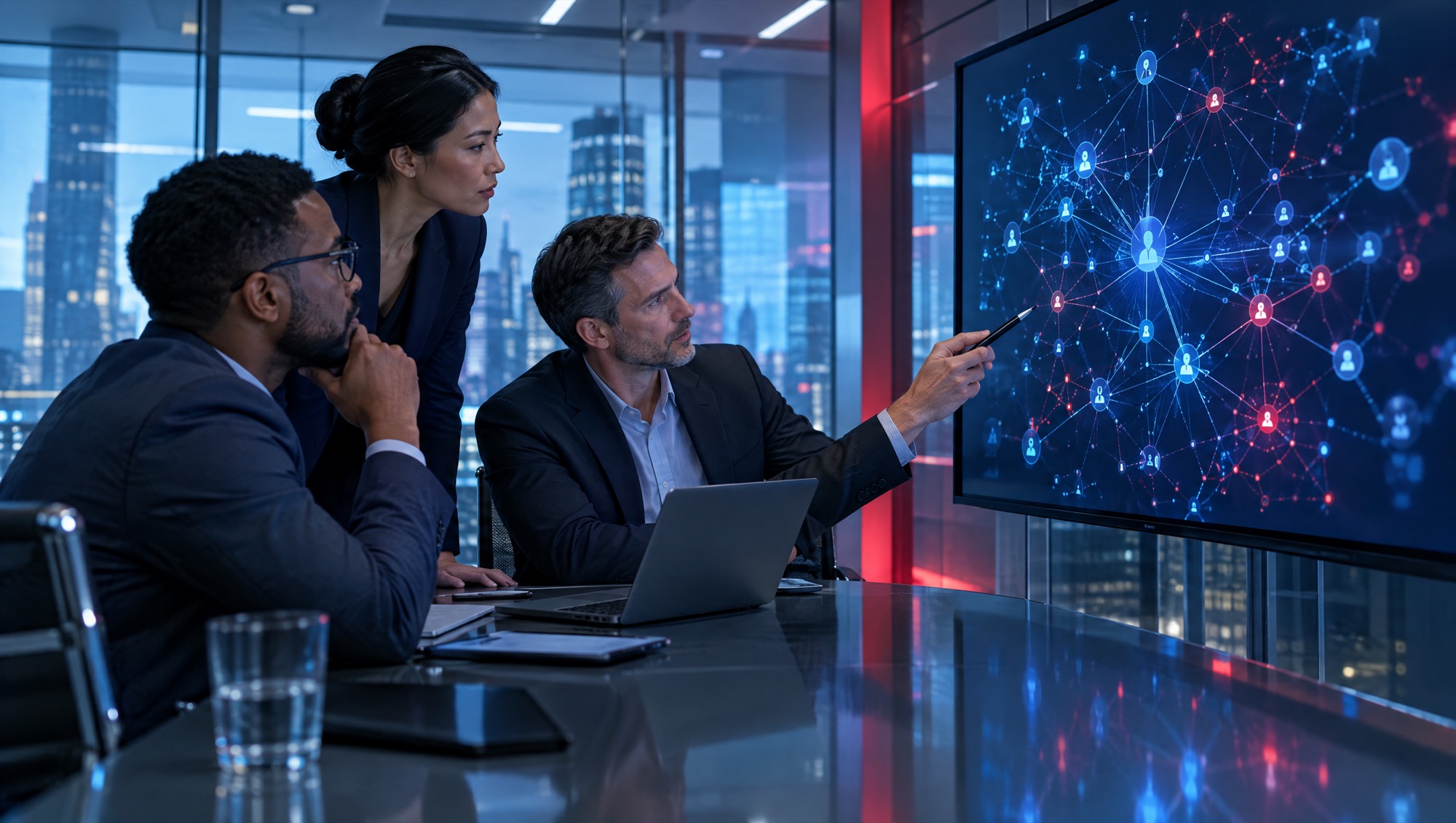 Compliance team reviewing a linked-entity network on a large display